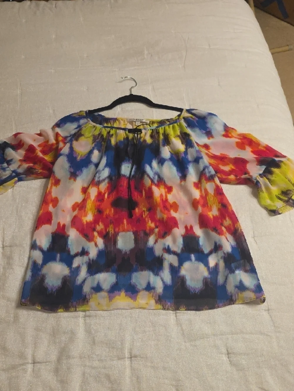 Milly Oversized S Multicolor Ikat-Print Peasant Blouse Yellow, Blue, Pink, Coral
